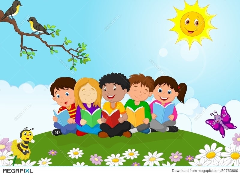 Happy Children Cartoon Sitting On The Grass While Reading Books  Illustration 50763600 - Megapixl