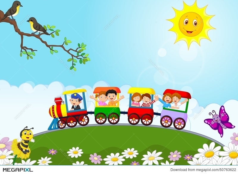 Happy Kids Cartoon On A Colorful Train Illustration 50763622 Megapixl Happy kids cartoon photos and images. happy kids cartoon on a colorful train