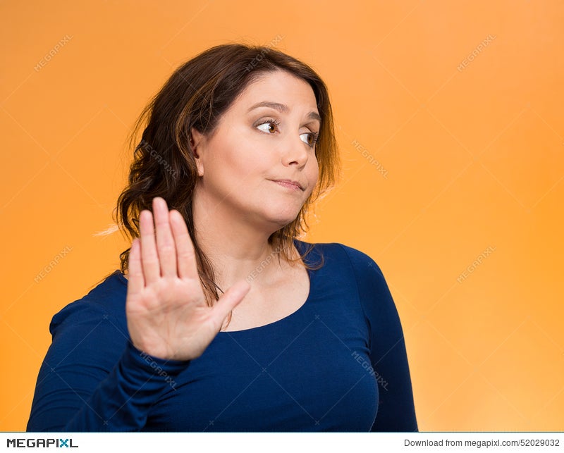 Grumpy Woman With Bad Attitude Giving Talk To My Hand Gesture Stock Photo 52029032 Megapixl