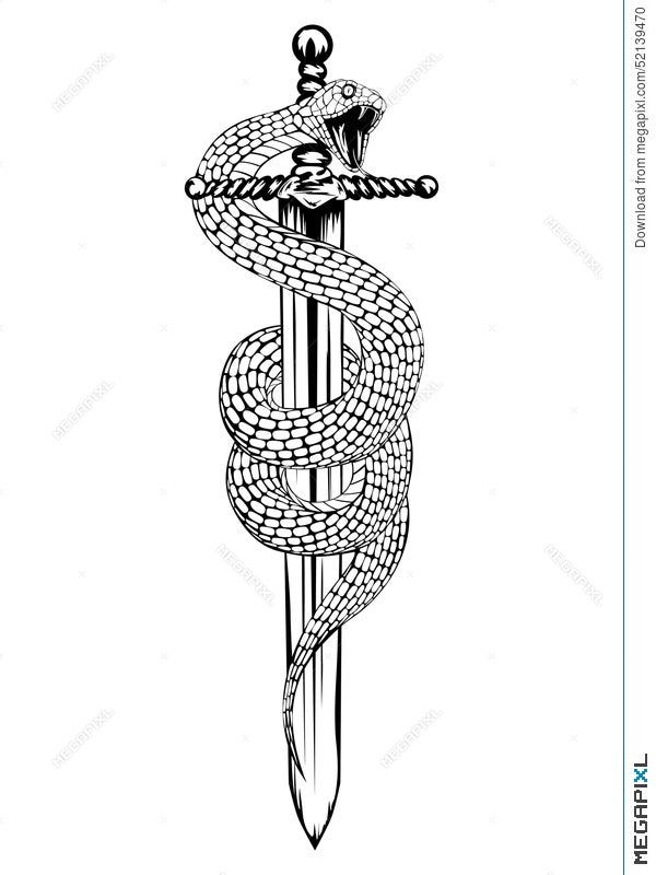Black Ink Sword With Snake Tattoo On Right Forearm