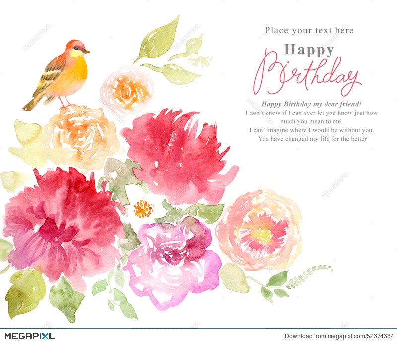 Floral Watercolor Background With Pink Flowers And Birds