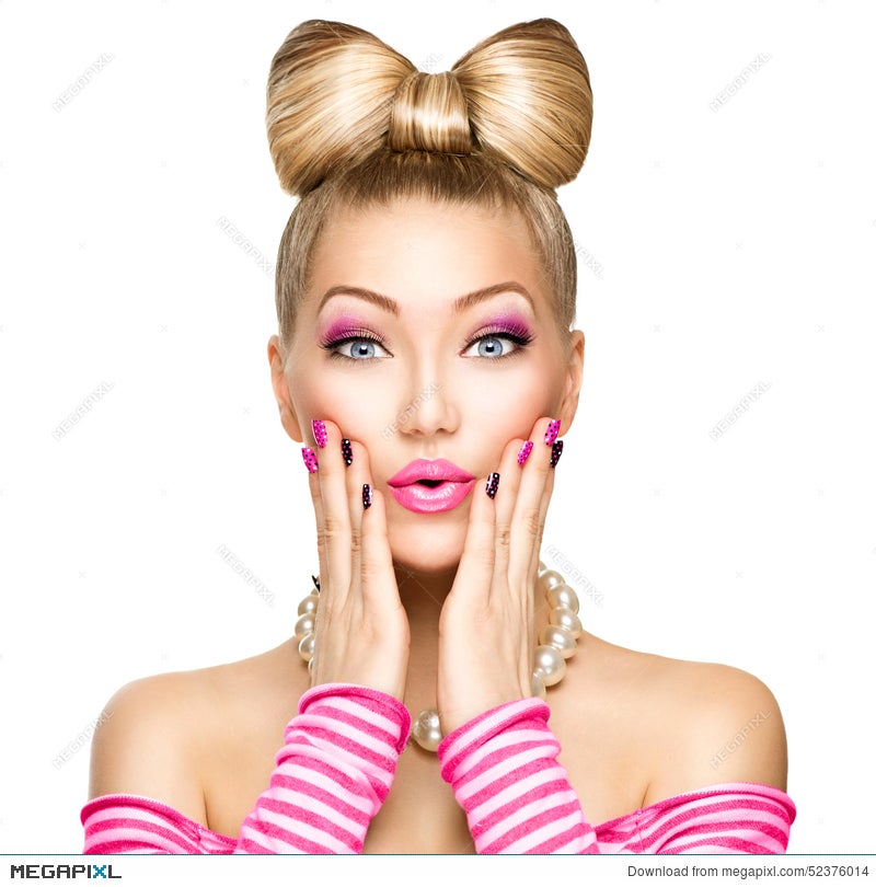 Beauty Surprised Girl With Funny Bow Hairstyle Stock Photo