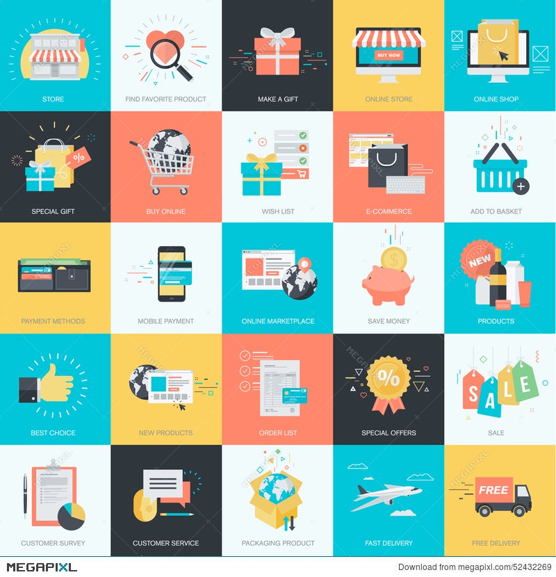 Set Of Flat Design Style Icons For E Commerce Online Shopping Illustration Megapixl