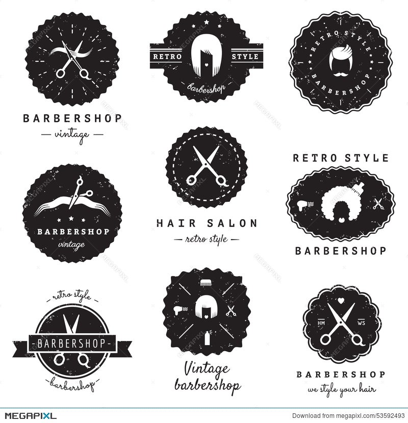 Barbershop (Hair Salon) Logo-Badges Vintage Vector Set. Hipster And Retro  Style. Illustration 53592493 - Megapixl