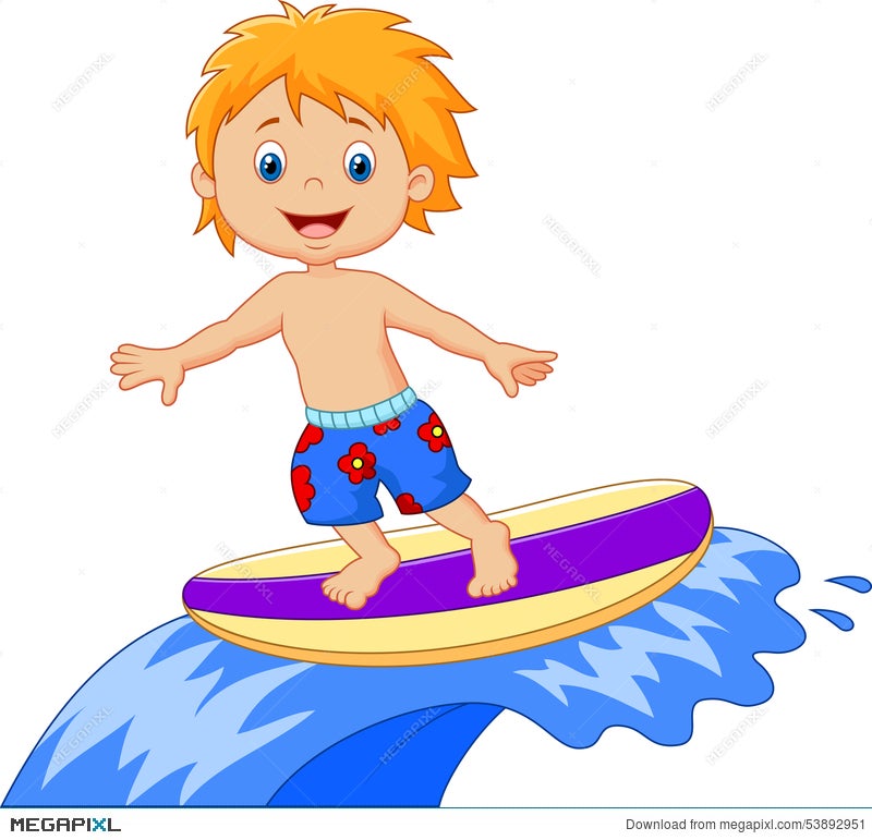 Kids Cartoon Play Surfing On Surfboard Over Big Wave Illustration