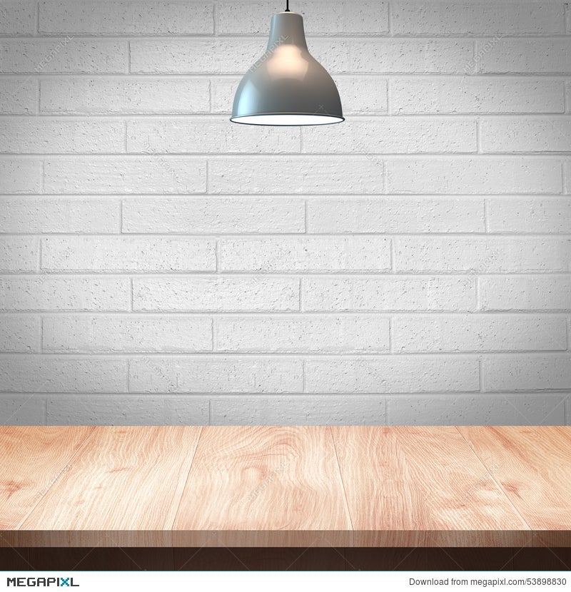 Wood Table With Lamp And Brick Wall Background Stock Photo 53898830 -  Megapixl