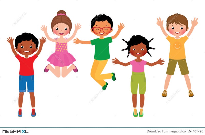 Children jump, a boy and a girl joyfully wave their hands bouncing up.  Vector flat illustration in cartoon style isolated on white background, Stock vector