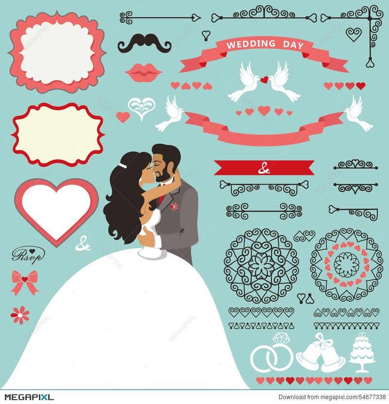 Wedding Invitation Decor Set With Kissing Couple Illustration 54677338 -  Megapixl