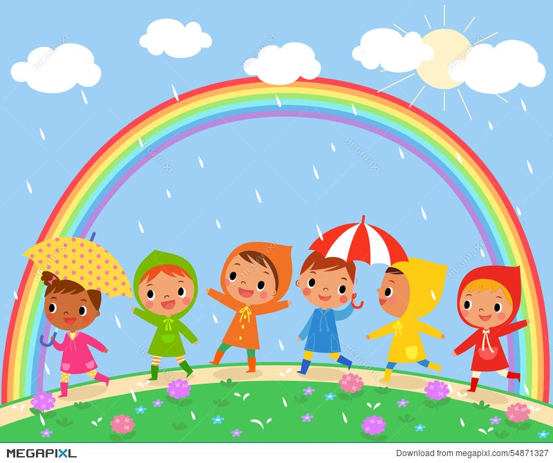 Children Walk On A Beautiful Rainy Day Illustration 54871327 - Megapixl