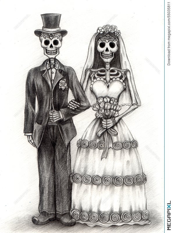 Skull Art Wedding Day Of The Dead Hand Drawing On Paper Skull Art Wedding Day Of The Dead Hand Drawing On Paper