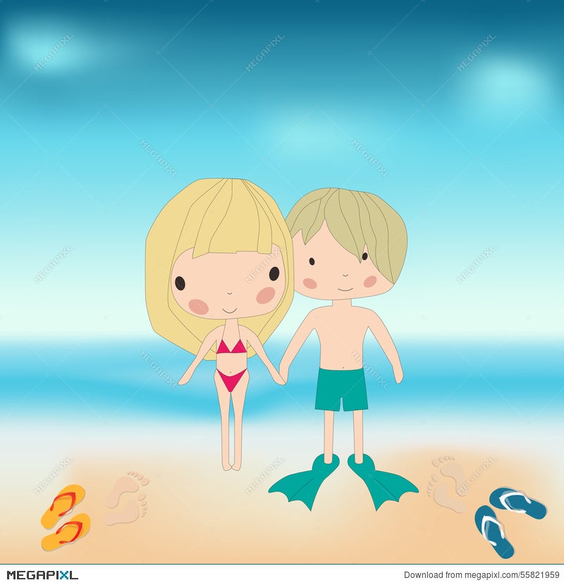 Boy And A Girl Holding Hands At The Beach Illustration Megapixl