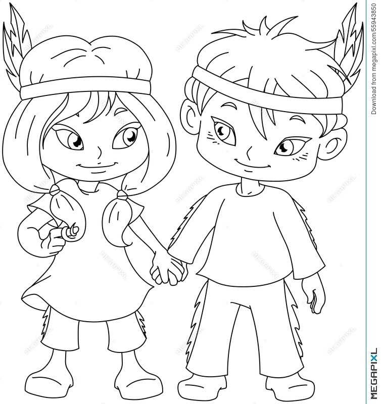 Indian Boy And Girl Holding Hands For Thanksgiving Coloring Page Illustration Megapixl