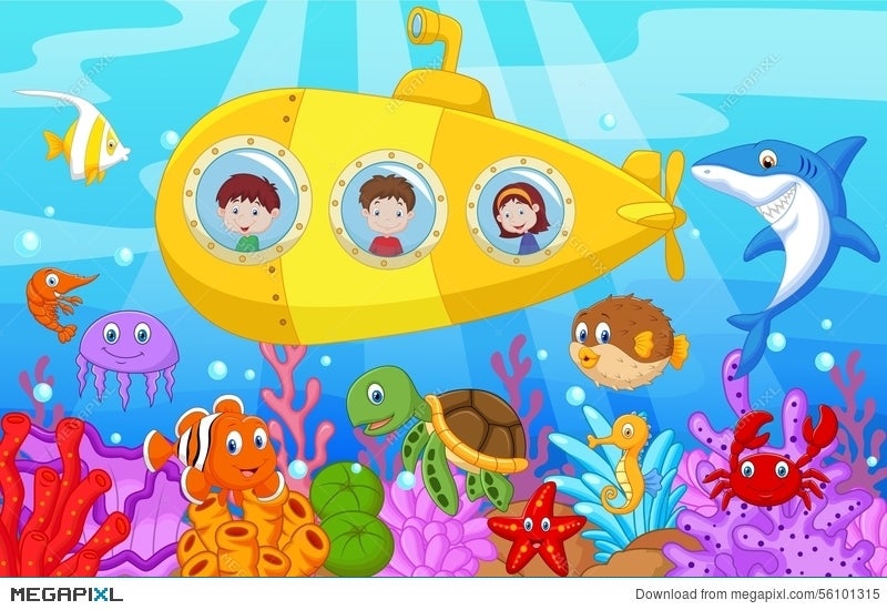 Happy Kids Cartoon In Submarine On The Sea Illustration 56101315 - Megapixl