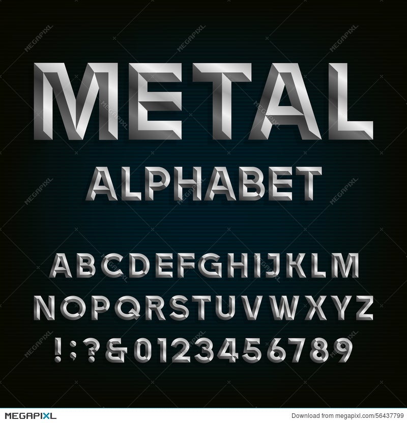 Frame alphabet font. Beveled metal letters and numbers with screws