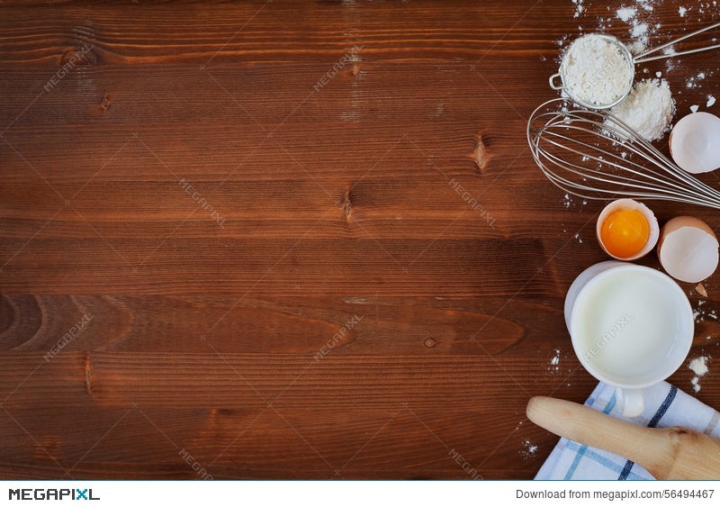 Ingredients For Baking Dough Including Flour, Eggs, Milk, Whisk And Rolling  Pin On Wooden Rustic Background Stock Photo 56494467 - Megapixl