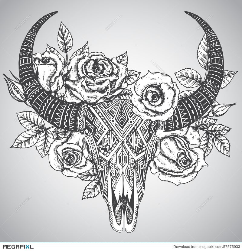 Decorative Indian Bull Skull In Tattoo Tribal Style With Flowers  Illustration 57575933 - Megapixl