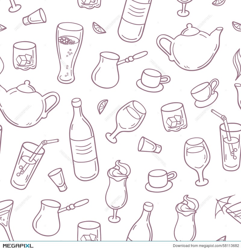 Seamless Pattern With Outline Style Drinks In Vector. Beverages Background  For Bar, Menu Or Cafe Design Illustration 58113682 - Megapixl