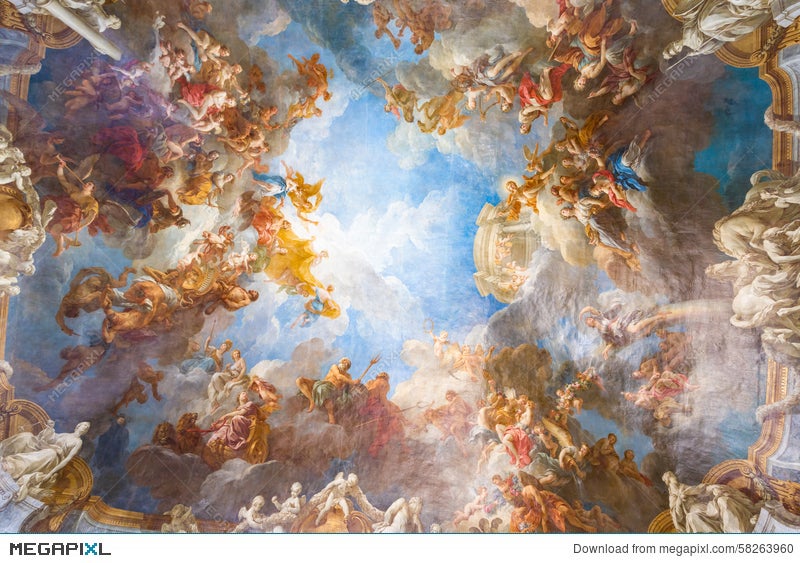 Ceiling Painting Of Palace Versailles Near Paris France Stock