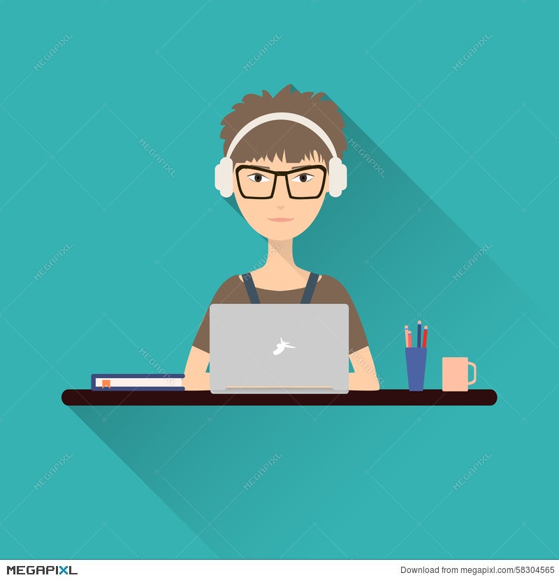 Woman Working At A Laptop With Headphones Sitting At Her Desk