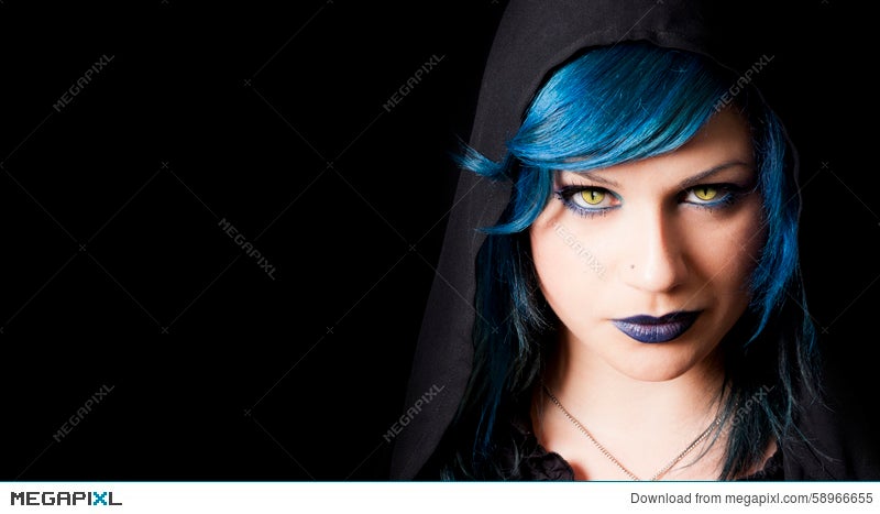 Dark Girl With Yellow Cats Eyes Blue Hair And Black Hood Stock