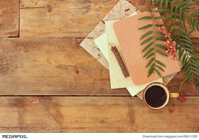 Download Vintage Notebook Old Paper And Wooden Pencil Next To Cup Of Coffee Over Wooden Table Ready For Mockup Stock Photo 59011395 Megapixl PSD Mockup Templates