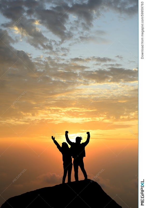 Silhouette Achievements Successful Arm Up Couple Is On Peak Of H Stock Photo Megapixl