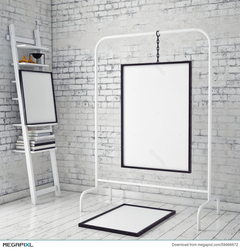 Mock Up Poster Frames Hanging On Clothes Rack In Vintage Hipster Mock Up Poster Frames Hanging On Clothes Rack In Vintage Hipster Loft Interior Background