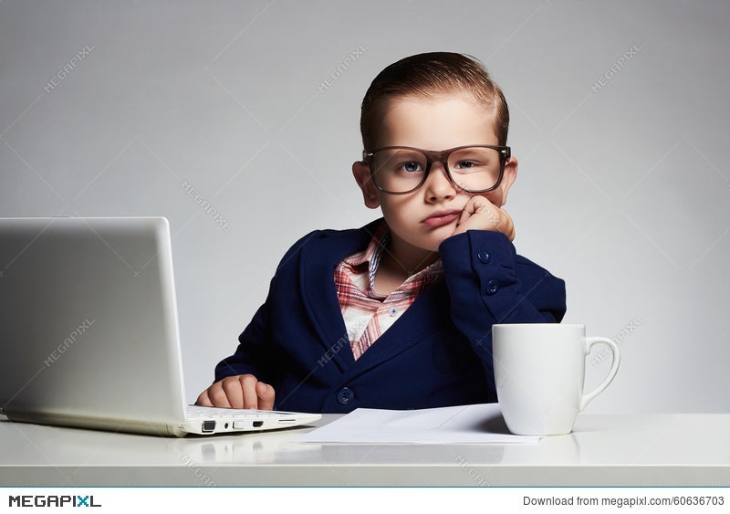 Boring Job Young Business Boy Child In Glasses Little Boss In