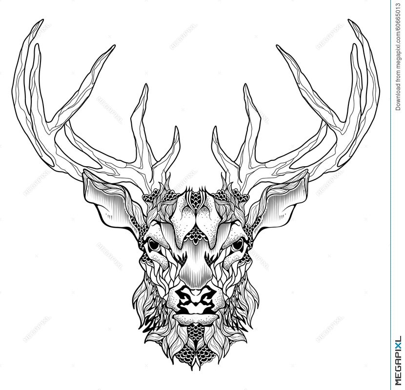 Deer Head Tattoo. Psychedelic, Zentangle Style Illustration 60665013 -  Megapixl
