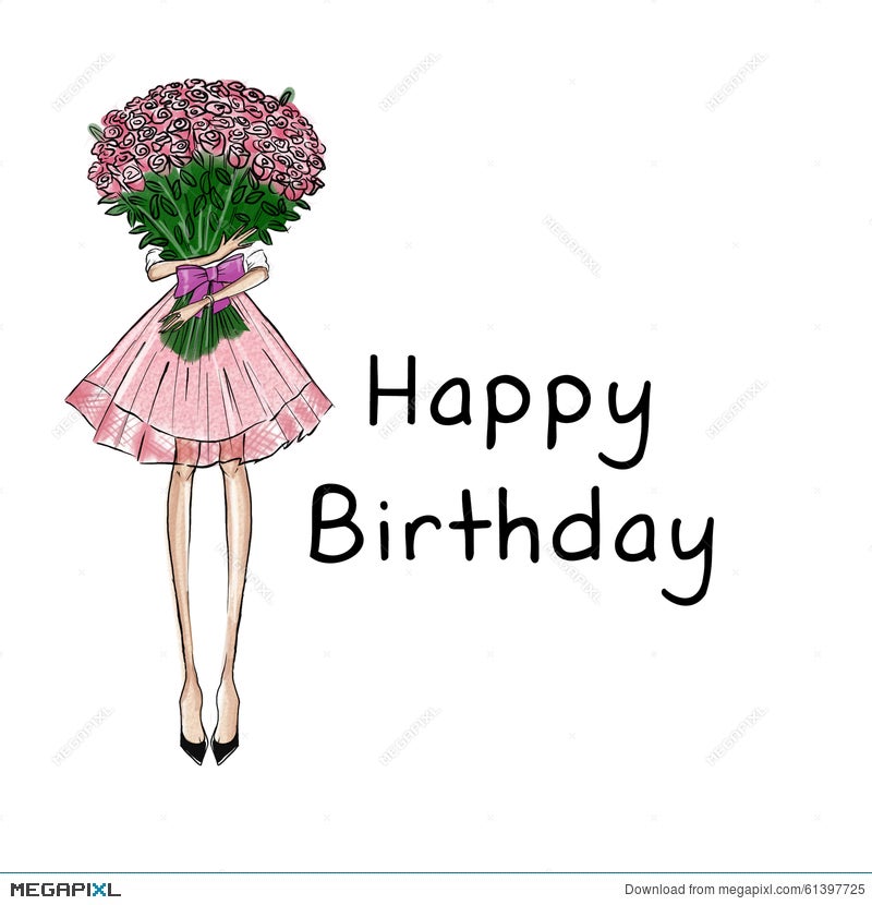 Girl Holding Roses Bouquet With Text Background - Happy Birthday  Illustration 61397725 - Megapixl