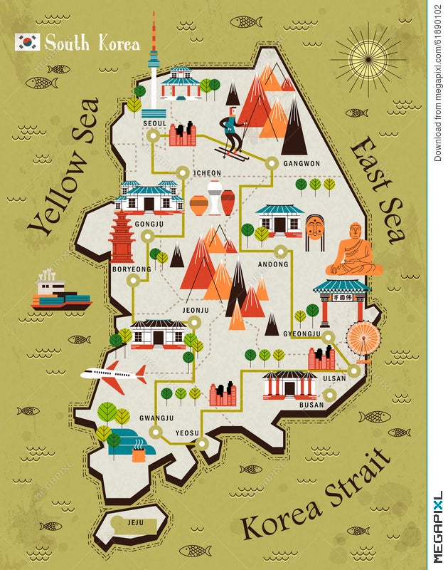 South Korea Travel Map South Korea Travel Map Illustration 61890102 - Megapixl