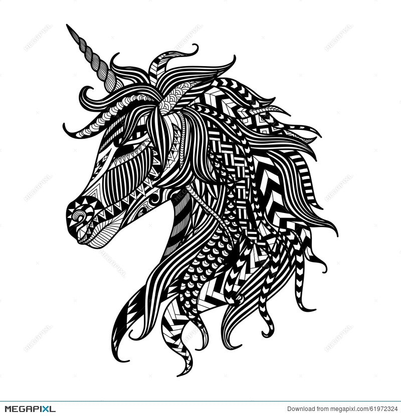 drawing unicorn zentangle style for coloring book tattoo