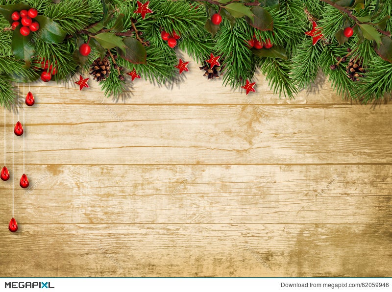 Download Christmas Fir Branches And Holly On Wood Background Illustration 62059946 Megapixl Yellowimages Mockups