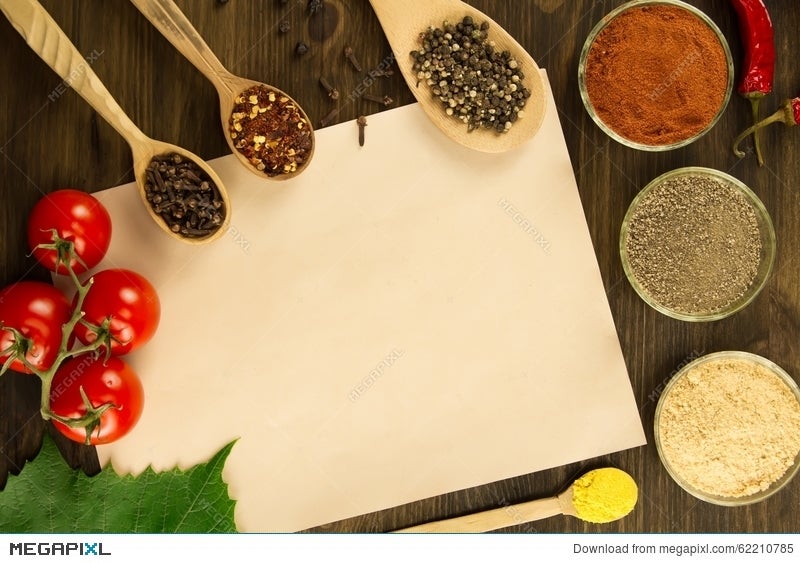 Sheet Old Vintage Paper With Spices On Wooden Background. Healthy  Vegetarian Food. Recipe, Menu Stock Photo 62210785 - Megapixl