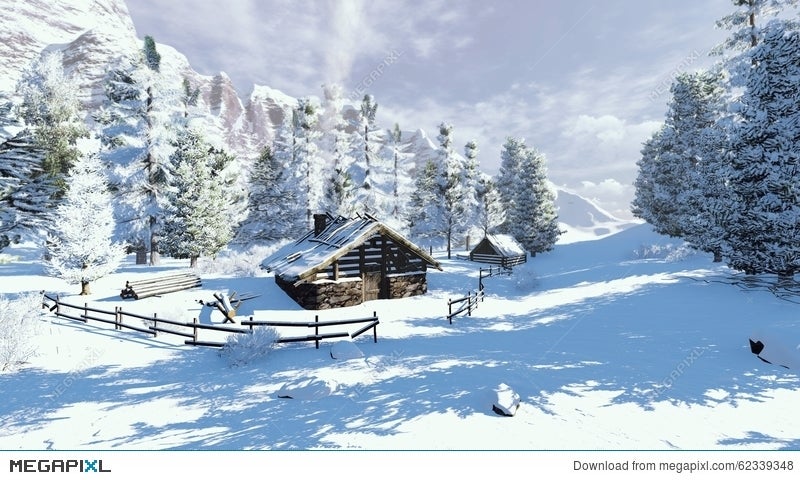 Cozy Little Cabin In A Snowy Mountains Stock Photo 62339348 Megapixl