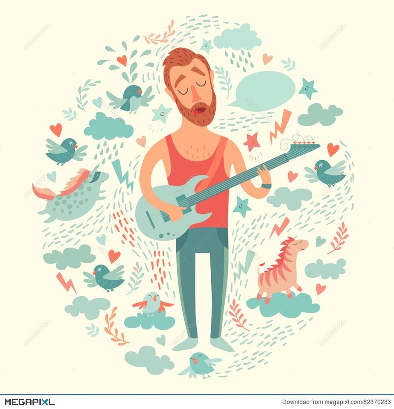 Singer Cartoon Guitarist Playing Guitar On A Colorful Background  Illustration 62370233 - Megapixl