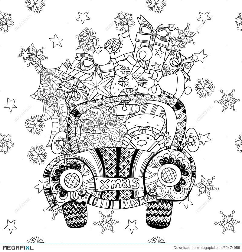 Christmas Car Gift Doodle Zentangle Vector