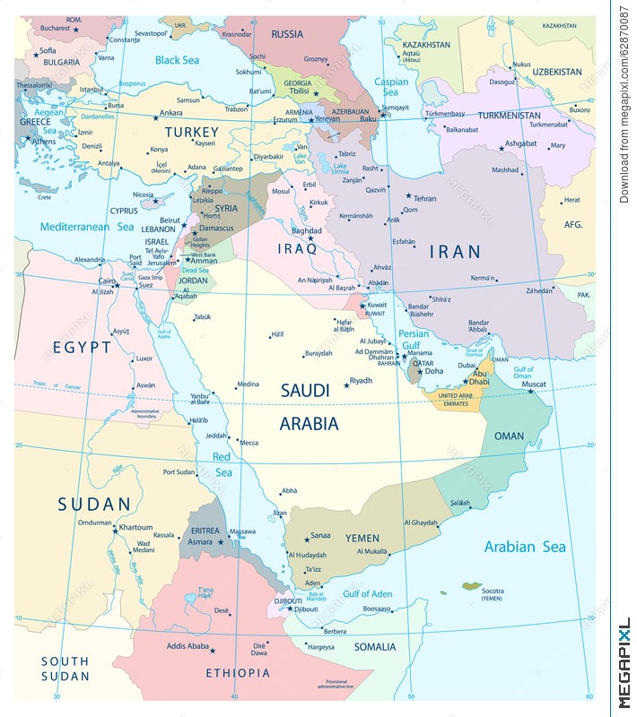 Map Of Middle East And Southwest Asia Illustration 62870087