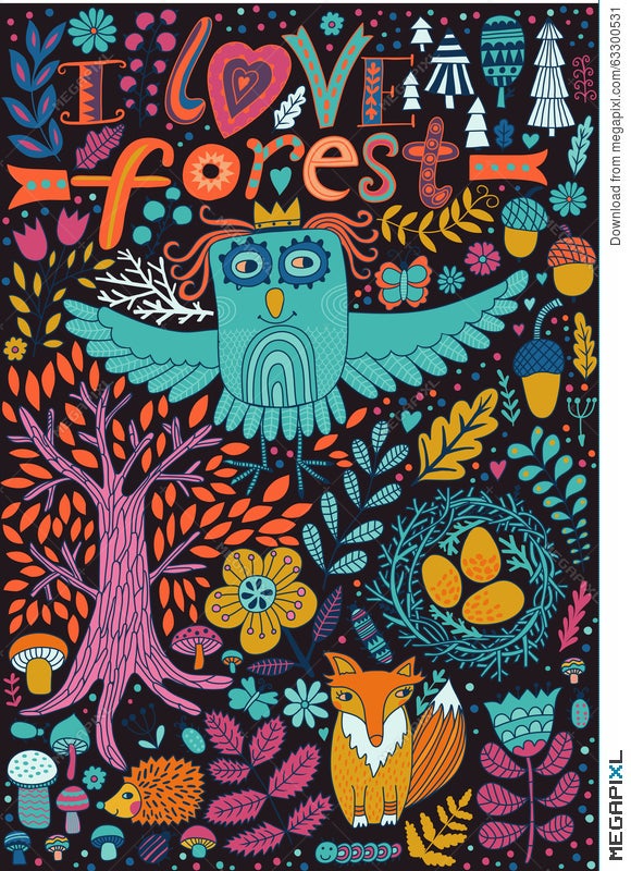 Vector Forest Illustration, Doodling Animals Design. Hand Draw Animals.  Kids Illustration, Funny Cartoon Animals In Vector Illustration 63300531 -  Megapixl