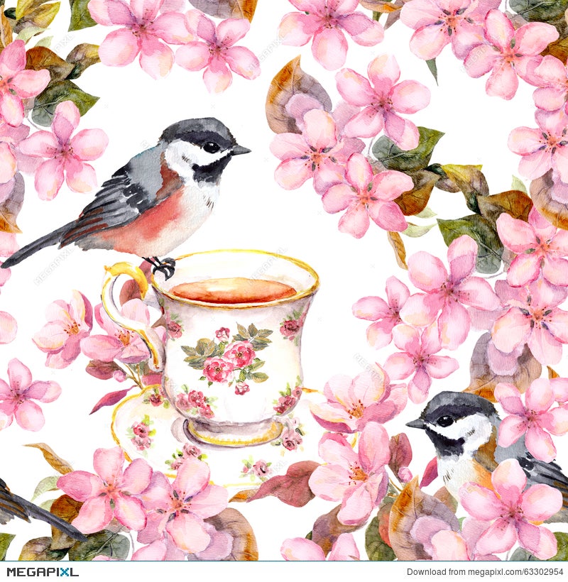 Tea Cup Birds And Flowers Seamless Floral Pattern Aquarelle