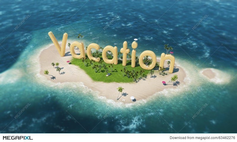 3d Word Vacation On Tropical Paradise Island With Palm Trees An Sun Tents Illustration Megapixl