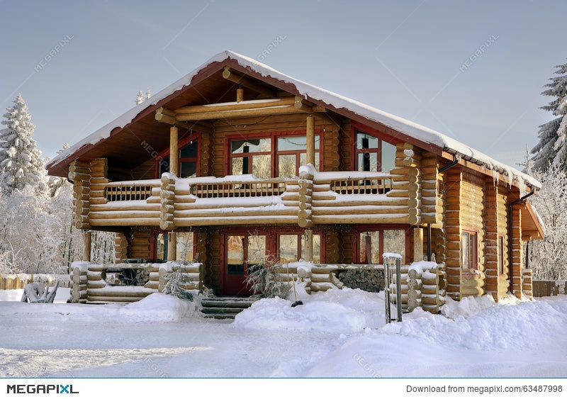 Log House Covered In Snow During Winter Stock Photo 63487998