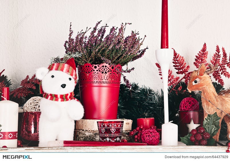 Christmas Decorations With Candles On A Shelf Stock Photo 64437929