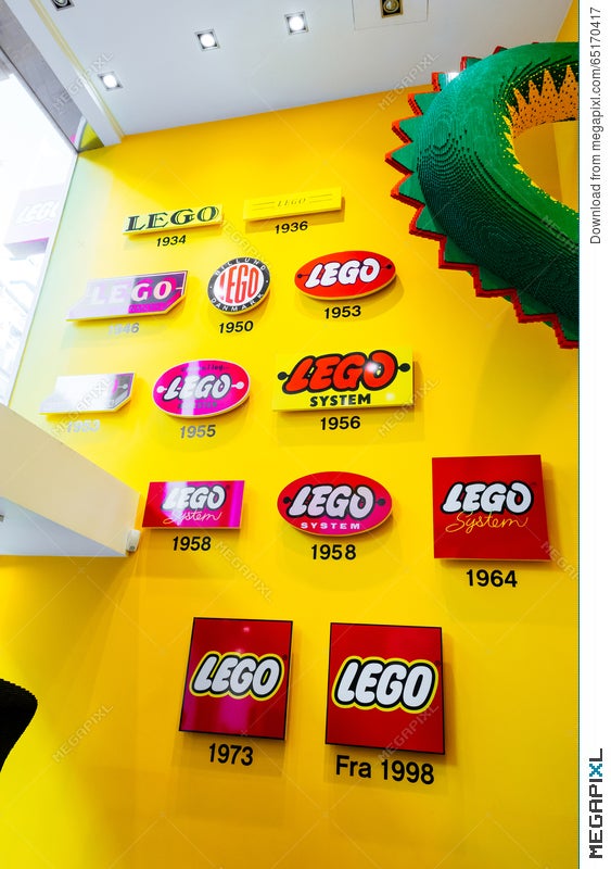 The Lego Group Logo Shown Through Years In Lego Store In Copenhagen, Denmark Stock 65170417 - Megapixl
