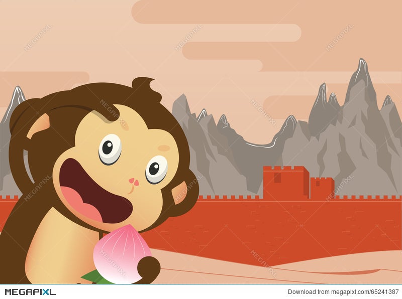 Monkey Cartoon Character And Great Wall Of China Background