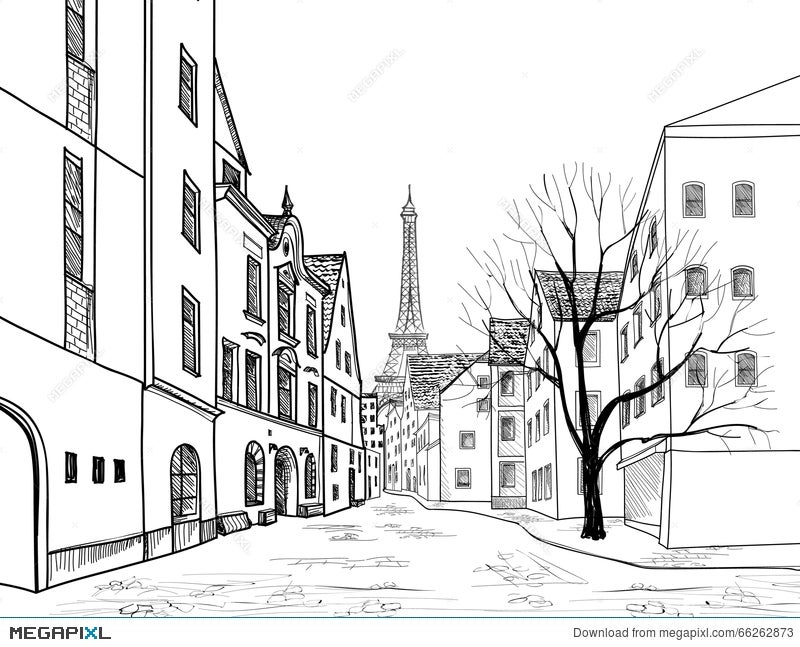 Paris Street Cityscape Houses Buildings And Tree On Alleyway Illustration Megapixl