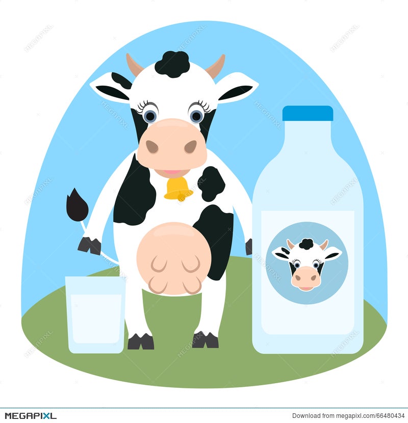 Cute Cartoon Cow With Glass And Milk Bottle And Label On It Illustration  66480434 - Megapixl