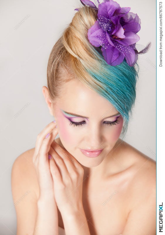 Portrait Of Feminine Woman With Blonde And Blue Ombre Hair And