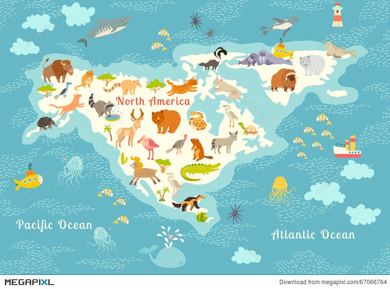 Animals World Map, North America. Colorful Cartoon Vector Illustration For  Children And Kids. Illustration 67066764 - Megapixl