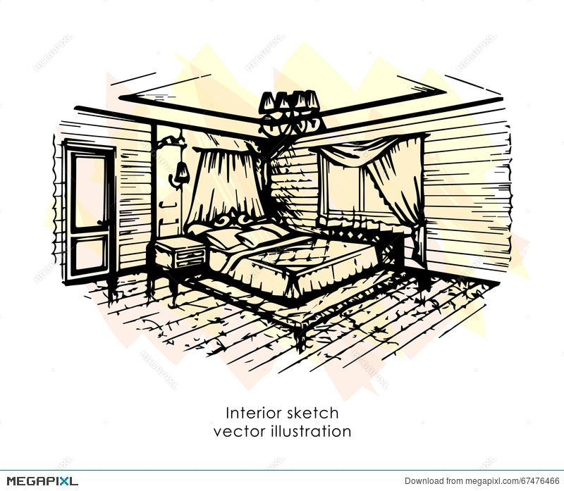 Attic living room graphic black white home interior sketch illustration  vector - Stock Image - Everypixel